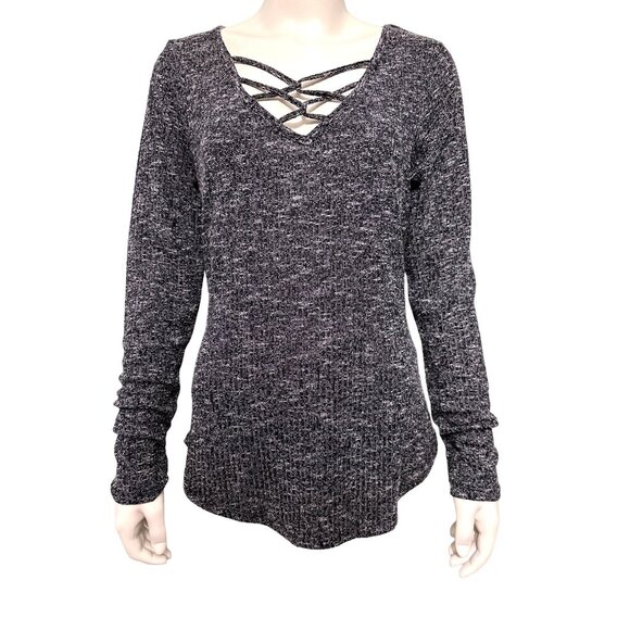 Almost Famous Black White Knit Strappy Front V Neck Thin Sweater Size Large - Picture 1 of 10